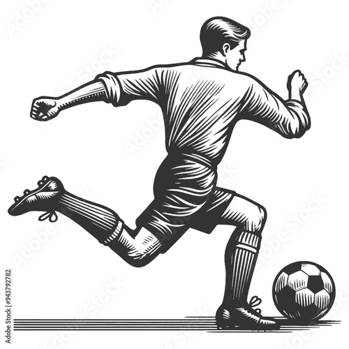 soccer football player in action, kicking ball, essence of classic sportsmanship sketch engraving generative ai fictional character vector illustration. Scratch board imitation. Black and white image.