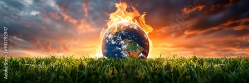 Dramatic image of planet Earth on fire, symbolizing climate change, global warming, and environmental crisis.