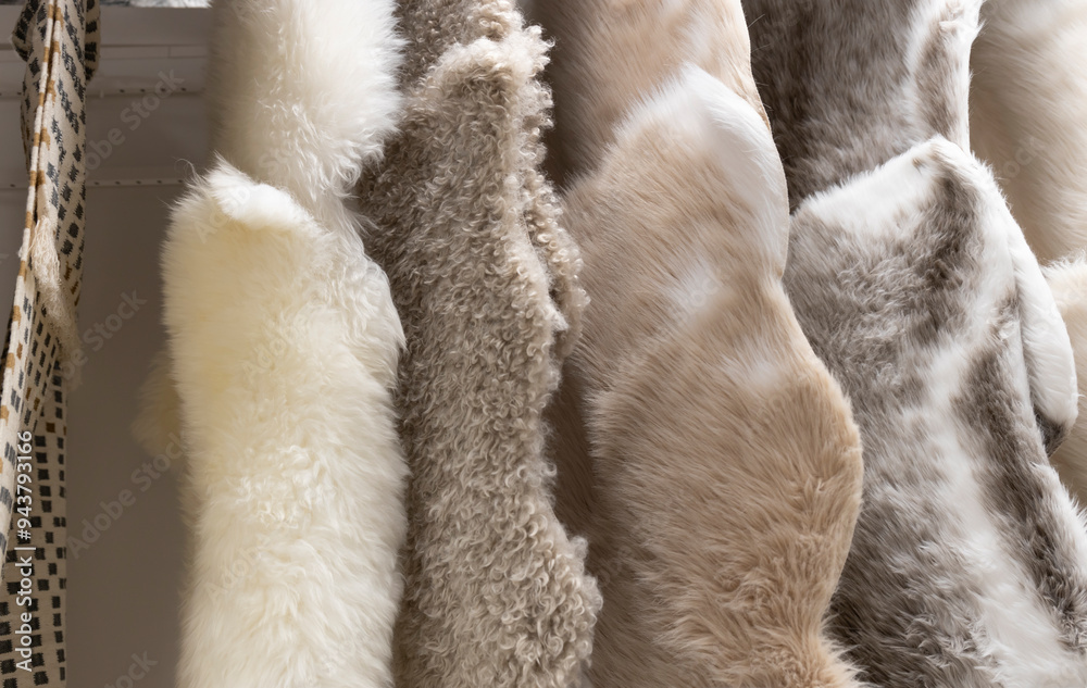 A row of fur rugs with different colors and textures A row of fur rugs with different colors and textures