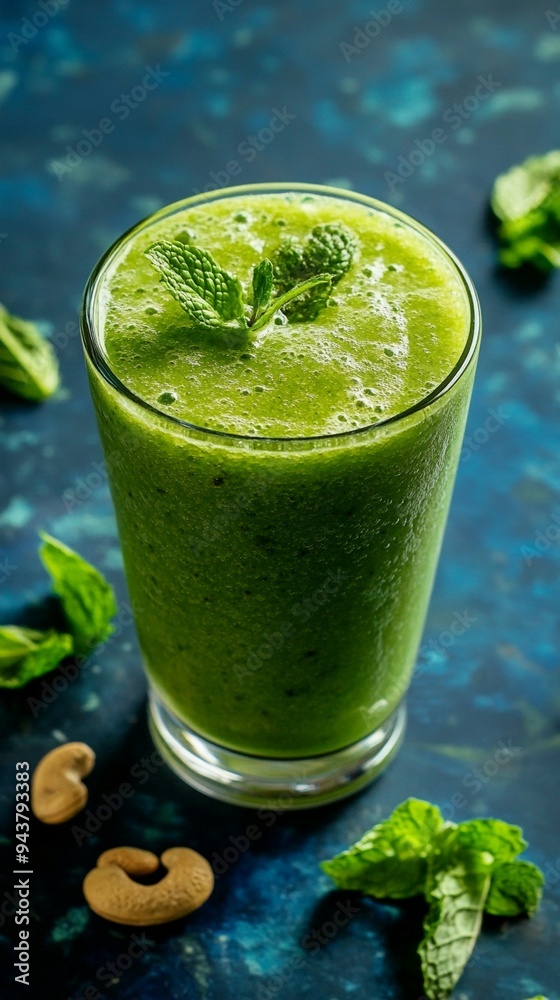 Refreshing green smoothie garnished with mint leaves in a clear glass, surrounded by fresh ingredients on a textured blue background. Refreshing green smoothie garnished with mint leaves in a clear glass, surrounded by fresh ingredients on a textured blue background.