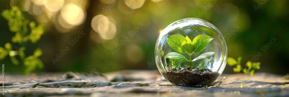 A small plant growing inside a glass globe on a stone surface with a blurred natural background, symbolizing sustainability and growth. A small plant growing inside a glass globe on a stone surface with a blurred natural background, symbolizing sustainability and growth.