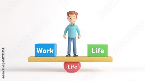 3D illustration of male guy Qadir is standing at the center of a seesaw with Work and Life boxes at the sides.3D rendering on white background