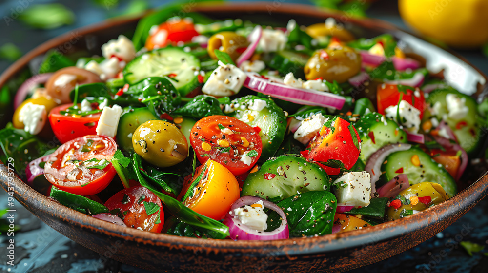Greek Spinach Salad with spinach combined with chopped cucumbers, tomatoes, red onions, olives, feta cheese, and a lemon-herb dressing. Greek Spinach Salad with spinach combined with chopped cucumbers, tomatoes, red onions, olives, feta cheese, and a lemon-herb dressing.