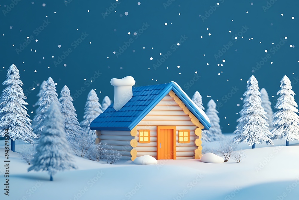 Naklejka premium Winter Wonderland Retreat: Pastel 3D Cozy Log Cabin with Snow-Covered Pines and Starry Night Sky