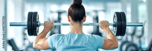 Woman lifting weight in gym, back view. Focused workout, strength training. Healthy lifestyle, fitness routine, weightlifting.