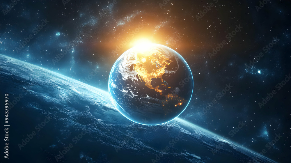 A vibrant, colorful view of earth from space with the sun shining brightly behind it. A vibrant, colorful view of earth from space with the sun shining brightly behind it.