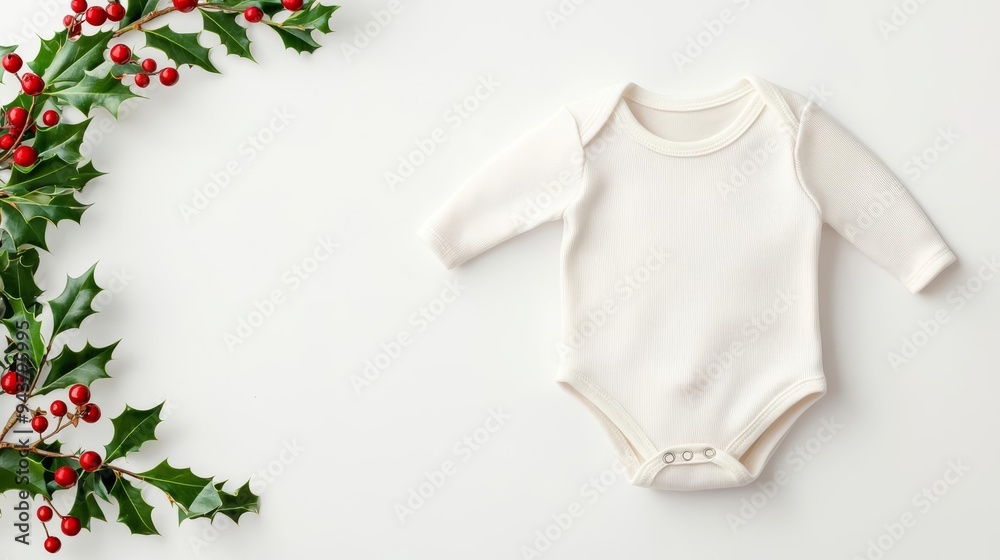 Baby bodysuit, Christmas wreath backdrop, holly leaves, 3D illustration Baby bodysuit, Christmas wreath backdrop, holly leaves, 3D illustration