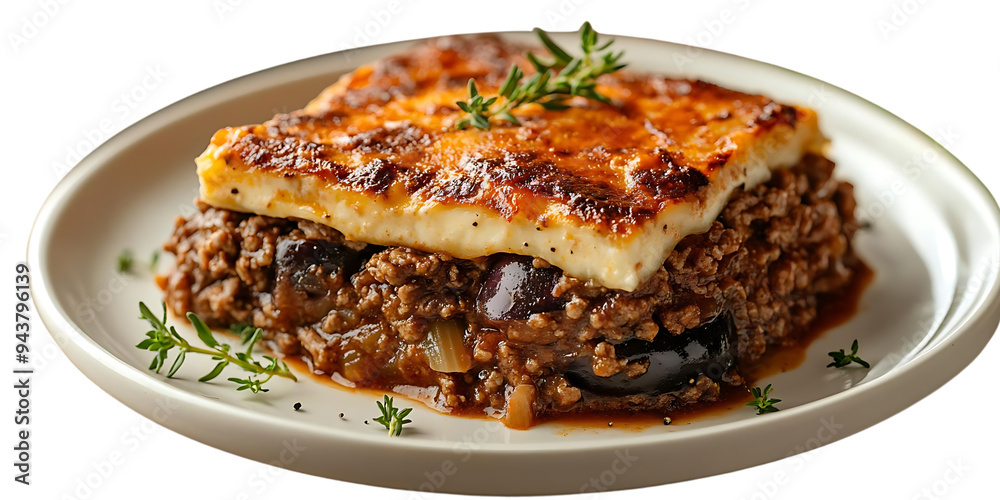 Delicious Greek Moussaka with Ground Beef, Melted Cheese, and a Transparent Background Delicious Greek Moussaka with Ground Beef, Melted Cheese, and a Transparent Background