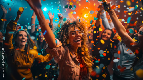 A jubilant celebration features friends dancing with vibrant streamers, capturing the essence of fun and friendship