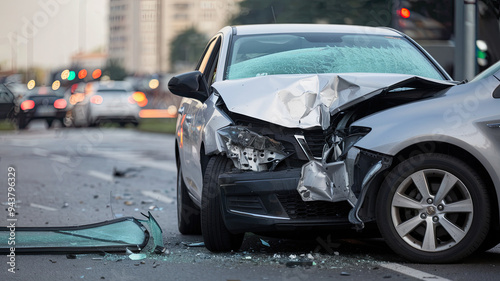 City street scene with two collided cars showing significant damage, crumpled bodies, shattered windshields, broken glass, and vehicle parts, against a blurred cityscape background