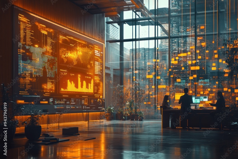 Modern Office Space with Illuminated Data Displays and Cityscape Views