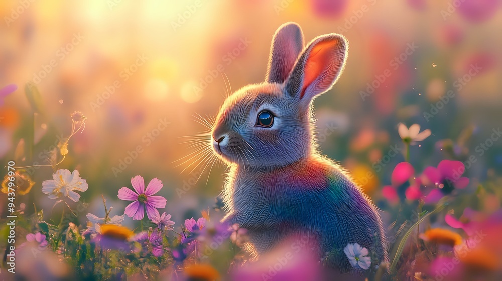 A rabbit with a rainbow-colored fur, surrounded by vibrant wildflowers, under a pastel-hued sky at sunset, with a soft focus and glowing light A rabbit with a rainbow-colored fur, surrounded by vibrant wildflowers, under a pastel-hued sky at sunset, with a soft focus and glowing light