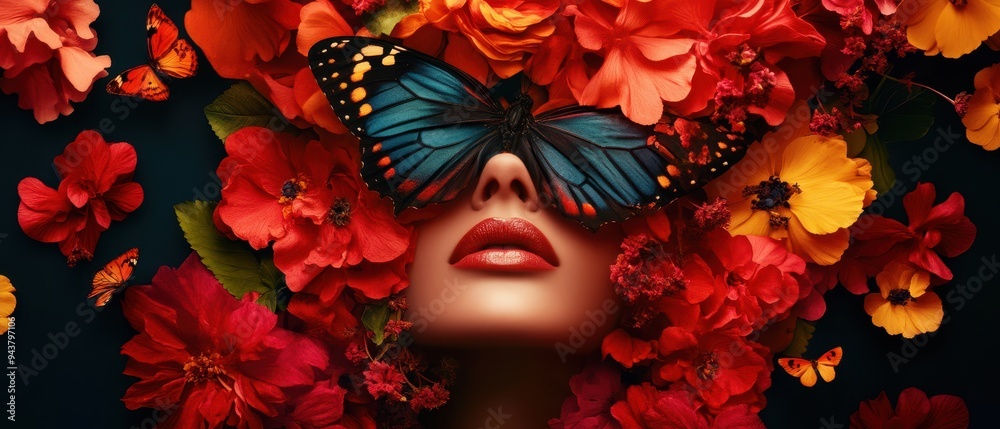 A vibrant composition of a woman's face adorned with colorful flowers and a striking butterfly, embodying beauty and nature.