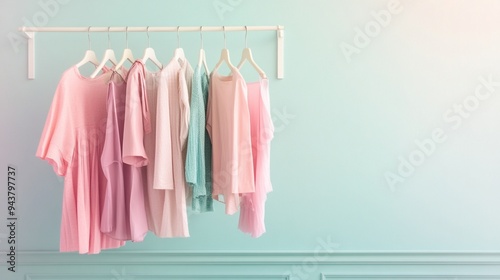 Pastel paradise: A minimalist clothing rack adorned with soft pink and mint garments against a serene light blue wall, embodying tranquil femininity and spring fashion.