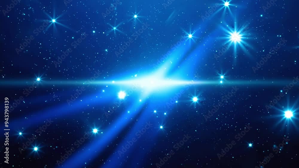 Festive background with blue lights, stars and particles with rotation rays of light on a dark background Festive background with blue lights, stars and particles with rotation rays of light on a dark background