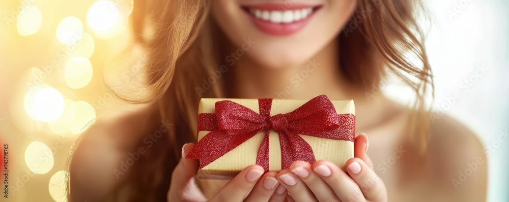 Close-up of a smiling woman holding a beautifully wrapped gift with a red bow, conveying joy and celebration during the holiday season