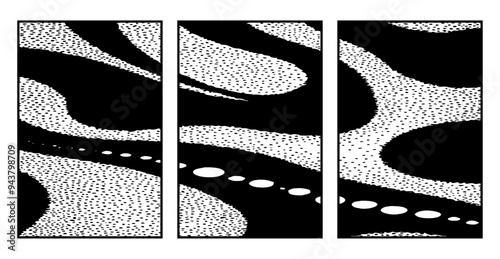 Set of 3 Abstract black and white pattern. For use in graphics. Minimalist illustration for printing on wall decorations
