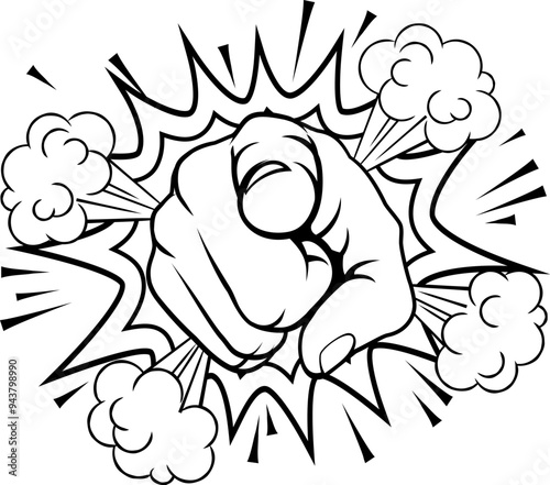 An illustration of a pop art comic book pointing cartoon hand with explosion