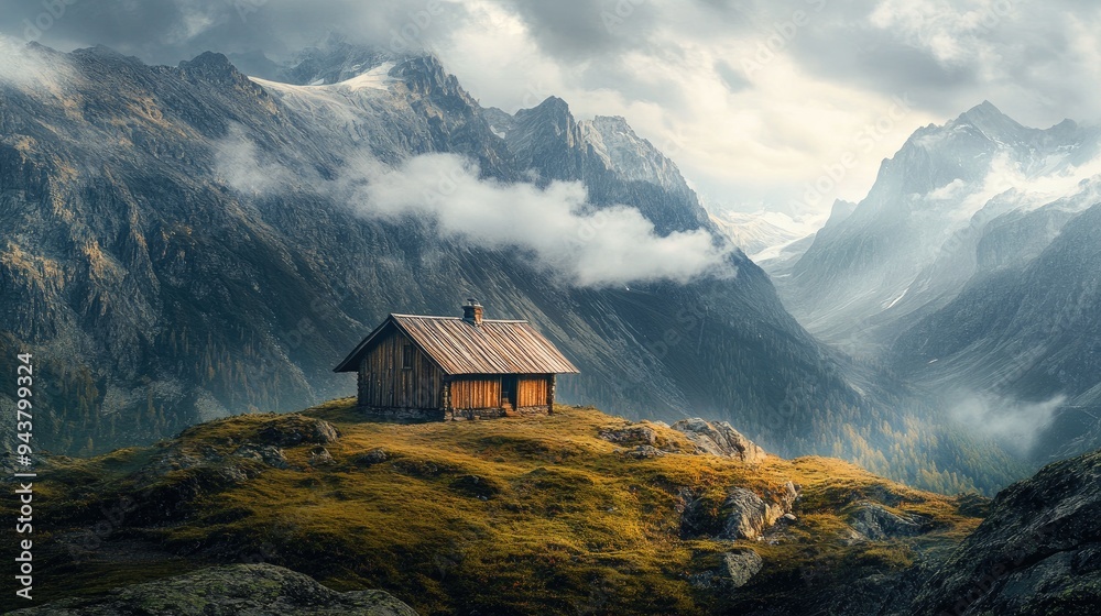 A simple hut in the mountains, with sweeping views of the surrounding peaks, representing a peaceful retreat in nature. A simple hut in the mountains, with sweeping views of the surrounding peaks, representing a peaceful retreat in nature.