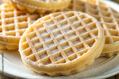 1950s households favored frozen eggo waffles on the plate. Close-up.