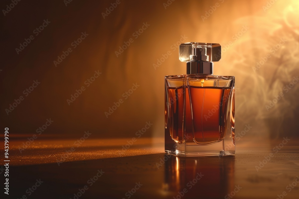 Luxury men`s perfume in bottle on table against brown background space for text Luxury men`s perfume in bottle on table against brown background space for text