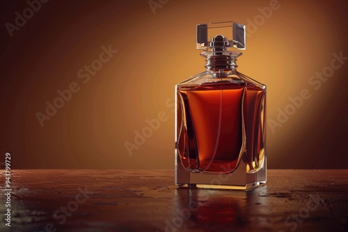 Luxury men`s perfume in bottle on table against brown background  space for text photo