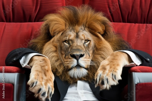Serious lion in a suit sits in theater seat, resting paws on armrests. Background blurred