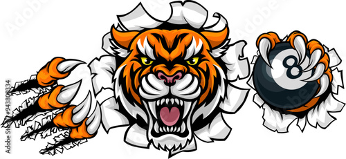 A tiger angry mean pool billiards mascot cartoon character holding a black 8 ball.