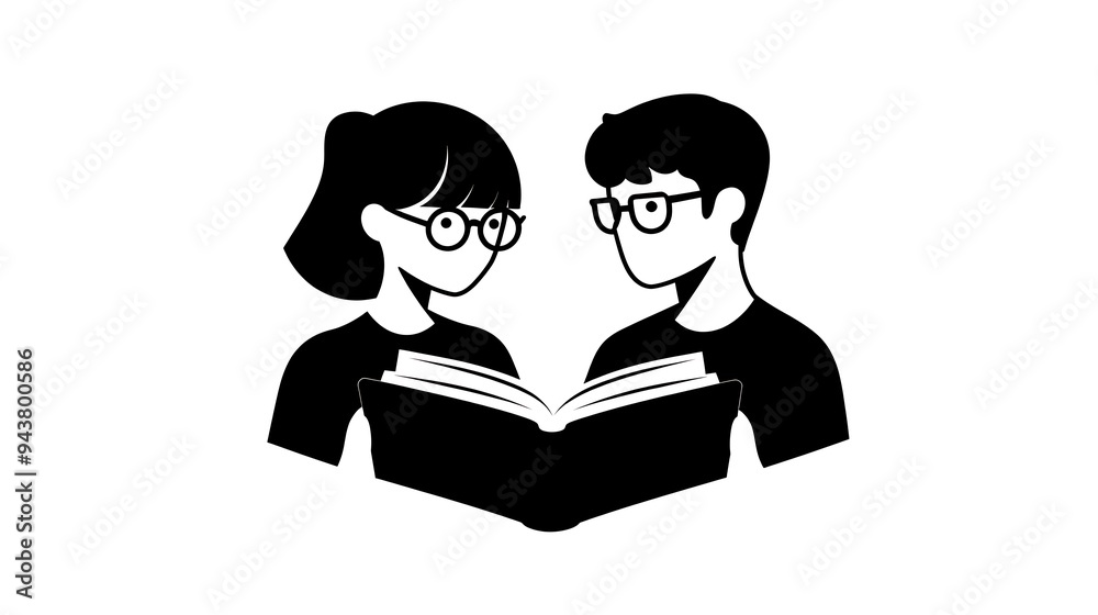 Minimalist Vector Logo Design of Two People Holding a Book, Reading Glasses, Black and White Graphic on White Background Minimalist Vector Logo Design of Two People Holding a Book, Reading Glasses, Black and White Graphic on White Background