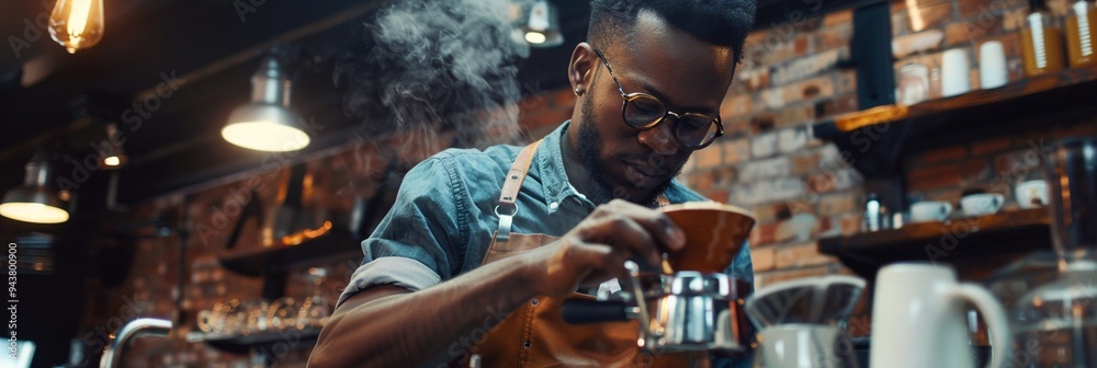 Skilled barista carefully pours steaming water over freshly ground coffee beans, creating aromatic pour-over in rustic cafe setting with exposed brick walls. Skilled barista carefully pours steaming water over freshly ground coffee beans, creating aromatic pour-over in rustic cafe setting with exposed brick walls.