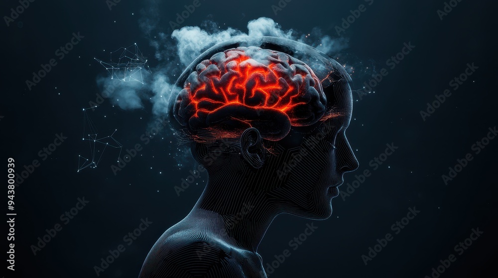 Artistic representation of a brain emitting light and smoke, symbolizing creativity and deep thought in a dark environment. Artistic representation of a brain emitting light and smoke, symbolizing creativity and deep thought in a dark environment.