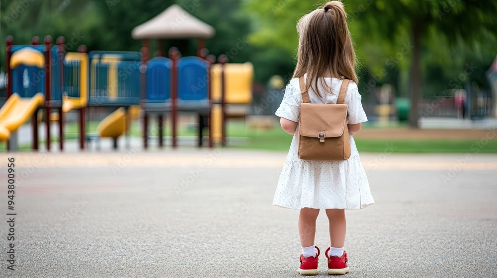 Naklejka premium A little girl stands at a playground in summer, wearing a striped dress and red sandals, with an amber school bag slung over her shoulder, surrounded by colorful play equipment