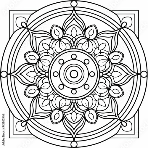 Intricate black and white mandala design with floral patterns and symmetrical details photo