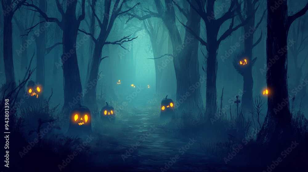 Fototapeta premium A haunting forest path, enveloped in darkness, is lined with trees that hide glowing eyes.