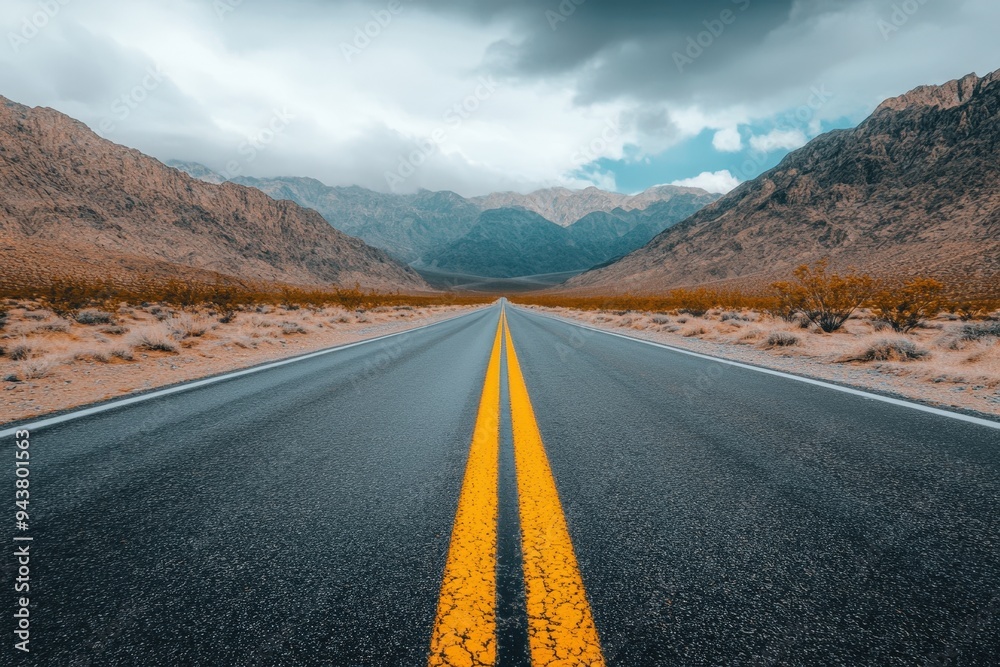 A road leading into the desert with mountains in the background A road leading into the desert with mountains in the background