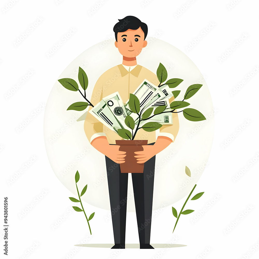 Person with Recycled Dollar Bills and Plant concept as A person holding recycled dollar bills and a plant with a clean background offering ample space for text or graphics symbolizing eco friendly fin Person with Recycled Dollar Bills and Plant concept as A person holding recycled dollar bills and a plant with a clean background offering ample space for text or graphics symbolizing eco friendly fin