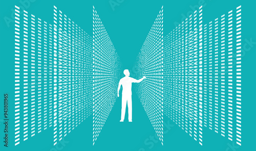 A human being search between stock rows of sorted data. Library card catalogue. Chaos and order. Big data analysis.