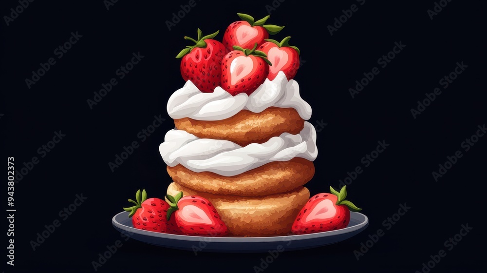 Delicious dessert featuring layers of sponge cake, whipped cream, and fresh strawberries, perfect for any sweet occasion. Delicious dessert featuring layers of sponge cake, whipped cream, and fresh strawberries, perfect for any sweet occasion.