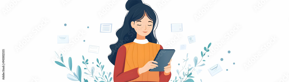 Woman Setting Up Mobile Banking App concept as A woman setting up her mobile banking app on her smartphone with a blank background offering space for additional text or design elements. in Simple fla Woman Setting Up Mobile Banking App concept as A woman setting up her mobile banking app on her smartphone with a blank background offering space for additional text or design elements. in Simple fla