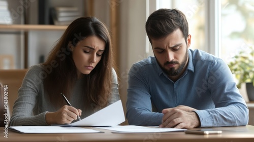 Couple Reviewing Important Documents with Concern 