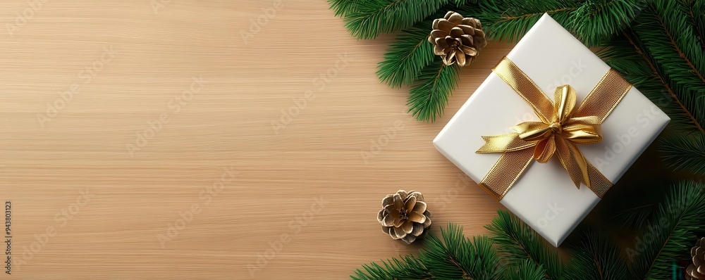 Christmas gift box mockup with gold ribbon on wooden table