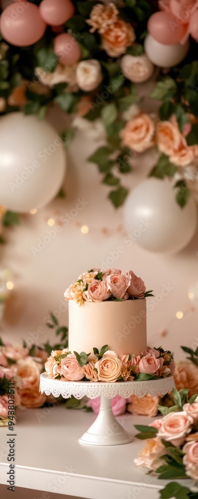 Elegant wedding cake adorned with fresh roses, surrounded by a beautiful floral backdrop and soft glowing lights. Elegant wedding cake adorned with fresh roses, surrounded by a beautiful floral backdrop and soft glowing lights.