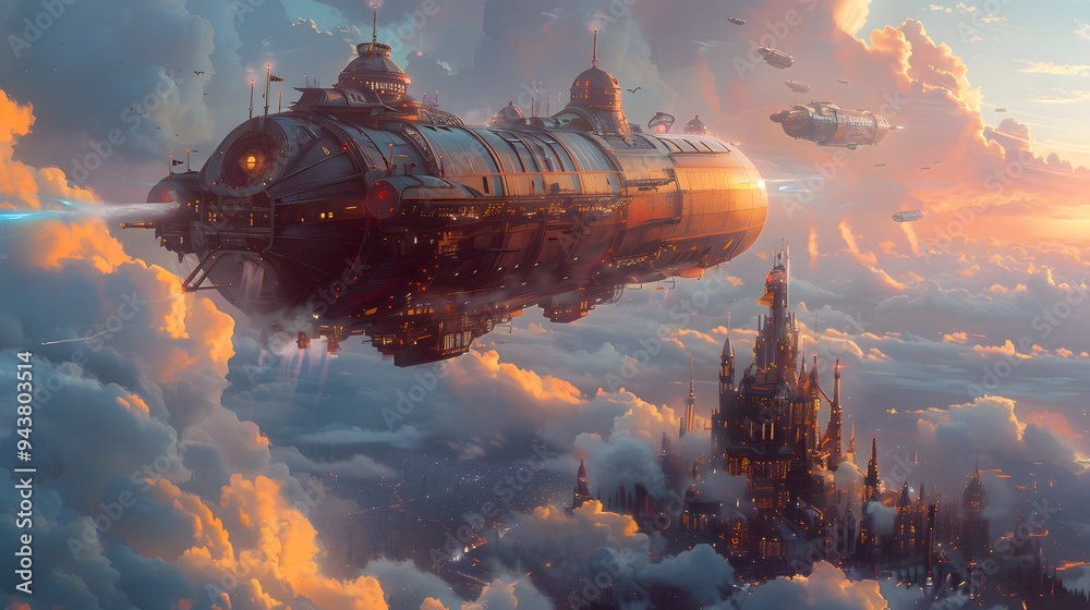 Futuristic Cityscape with Airship at Sunset. Futuristic Cityscape with Airship at Sunset.
