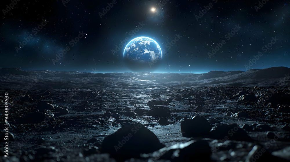 A view of Earth from a distant planet, with a starlit sky and rocky terrain.