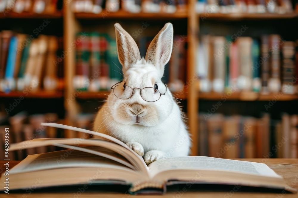 A white rabbit wearing glasses sits at a table in a library, attentively reading a book A white rabbit wearing glasses sits at a table in a library, attentively reading a book
