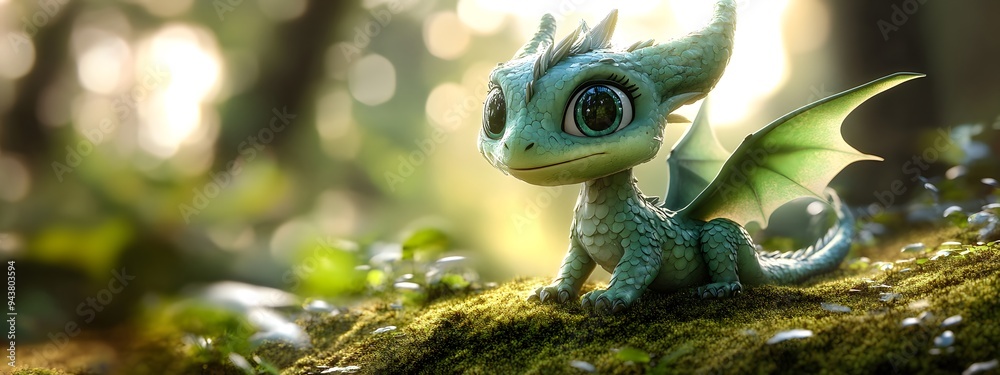 Cute green dragon with big eyes sitting on moss, forest background, fantasy art style, detailed scales and feathers, shiny glittery metallic sheen, vibrant colors Cute green dragon with big eyes sitting on moss, forest background, fantasy art style, detailed scales and feathers, shiny glittery metallic sheen, vibrant colors