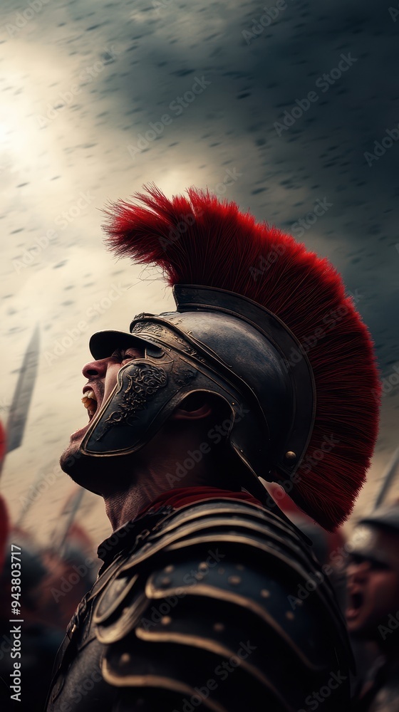Fierce warrior in armor raises his voice, embodying strength and valor in a dramatic battlefield scene with a stormy sky. Fierce warrior in armor raises his voice, embodying strength and valor in a dramatic battlefield scene with a stormy sky.