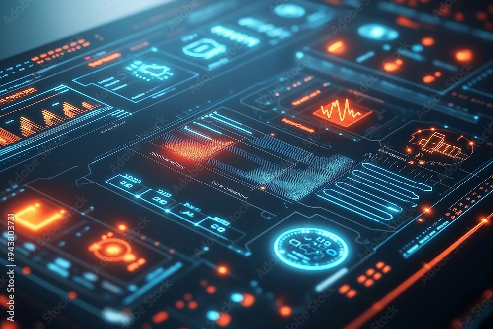Futuristic interface with digital panels displaying various data and graphs, in a high-tech, neon-lit environment. Futuristic interface with digital panels displaying various data and graphs, in a high-tech, neon-lit environment.