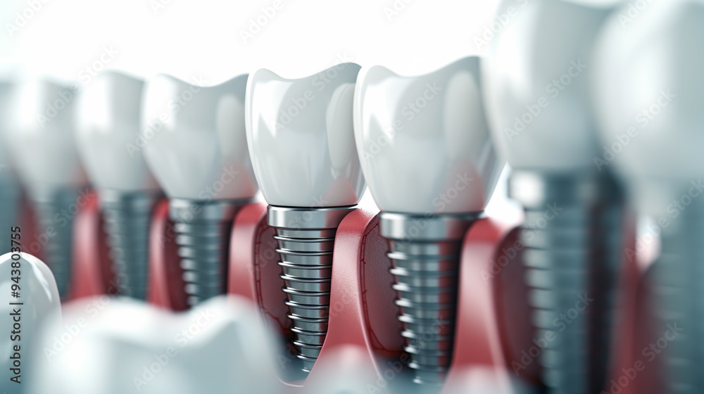 Close-up of Dental Implants in Gums - Modern Prosthetic Tooth Solutions Close-up of Dental Implants in Gums - Modern Prosthetic Tooth Solutions