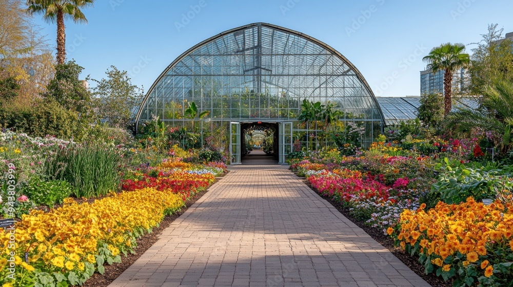 Naklejka premium An expansive greenhouse brimming with plants, framed by tall buildings in the distance, showcasing the intersection of nature and city life